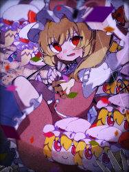 1girl blonde_hair commentary_request film_grain flandre_scarlet hat highres in_crane_game looking_at_viewer mint_onyo mob_cap open_mouth partial_commentary puffy_short_sleeves puffy_sleeves red_eyes red_shirt red_skirt shirt short_sleeves skirt sweat touhou white_hat yukkuri_shiteitte_ne