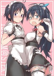 Rule 34 | 2girls, antenna hair, apron, bare shoulders, black bow, black bowtie, black hair, black skirt, blue eyes, blue ribbon, blush, bow, bowtie, breasts, clenched hand, commentary, elbow gloves, embarrassed, english text, fang, frilled apron, frilled shirt, frills, from side, ganaha hibiki, gloves, hair bow, hair ribbon, hand on another&#039;s waist, hand up, idolmaster, idolmaster (classic), idolmaster million live!, idolmaster million live! theater days, kikuchi makoto, long hair, looking at viewer, maid, maid headdress, medium breasts, miniskirt, multiple girls, open mouth, pink background, ponytail, puffy short sleeves, puffy sleeves, purple eyes, red bow, red bowtie, ribbon, shirt, short hair, short sleeves, simple background, skirt, sleeveless, sleeveless shirt, small breasts, spirytus tarou, suspender skirt, suspenders, sweat, thighhighs, twitter username, waist apron, waist bow, white apron, white bow, white gloves, white shirt, white thighhighs, zettai ryouiki