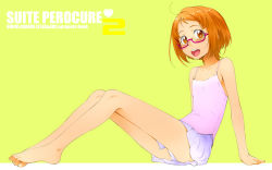 Rule 34 | 10s, 1girl, arm support, bare shoulders, barefoot, blush, cover, cover page, feet, flat chest, full body, glasses, highres, legs, looking at viewer, open mouth, orange eyes, orange hair, panties, pantyshot, precure, sakura kotetsu, shirabe ako, short hair, simple background, sitting, skirt, solo, suite precure, tank top, toes, underwear, upskirt, white panties, yellow background