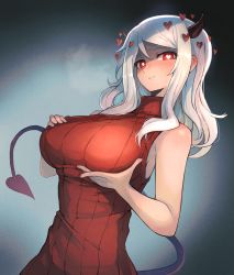 Rule 34 | 1girl, bare arms, bare shoulders, black horns, blush, breasts, closed mouth, commentary, demon girl, demon horns, demon tail, gradient background, hands on own breasts, hands up, heart, heart-shaped pupils, helltaker, highres, horns, large breasts, long hair, looking at viewer, modeus (helltaker), ohako (ohako1818), red eyes, red sweater, ribbed sweater, sleeveless, smile, solo, sweatdrop, sweater, symbol-shaped pupils, tail, turtleneck, upper body