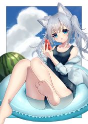 Rule 34 | 1girl, :o, absurdres, animal ears, ball, bare shoulders, barefoot, beachball, black one-piece swimsuit, blue eyes, blue sky, blush, cat ears, cloud, cloudy sky, day, food, frilled innertube, fruit, grey hair, grey jacket, highres, hinata (user rjkt4745), holding, holding food, hood, hood down, hooded jacket, innertube, jacket, knees up, long hair, long sleeves, looking at viewer, off shoulder, old school swimsuit, one-piece swimsuit, open clothes, open jacket, original, parted lips, school swimsuit, sky, soles, solo, swim ring, swimsuit, transparent, twintails, watermelon, watermelon slice