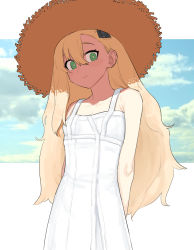 1girl absurdres arms_behind_back bare_shoulders blonde_hair blush cloud cowboy_shot dress green_eyes hat highres insect_hair_ornament long_hair looking_at_viewer matangom matangomu-chan original pillbug sky sleeveless sleeveless_dress smile solo straw_hat sun_hat sundress white_dress