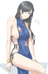 Rule 34 | 1girl, arm support, bare shoulders, black hair, blue dress, blue eyes, bracer, breasts, burn the witch, china dress, chinese clothes, dress, earrings, half-closed eyes, highres, jewelry, large breasts, long hair, mitsugu, niihashi noel, parted lips, print dress, revealing clothes, sideboob, simple background, sitting, solo, tabard, thighs, white background