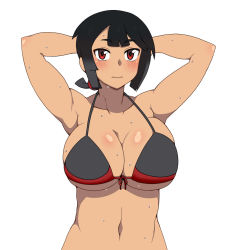 Rule 34 | 1girl, armpits, arms behind head, arms up, bikini, black bikini, black hair, blush, breasts, cleavage, collarbone, creatures (company), female focus, front-tie bikini top, front-tie top, game freak, hair tie, halterneck, highres, large breasts, looking at viewer, mantan, navel, nintendo, pokemon, pokemon oras, red eyes, short hair, simple background, solo, sweat, swimsuit, underboob, upper body, white background, zinnia (pokemon)