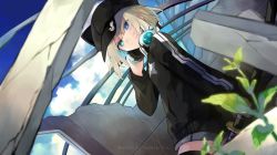 Rule 34 | 1girl, animal ears, animal hat, bad id, bad pixiv id, baseball cap, black hat, black jacket, black shorts, black thighhighs, blonde hair, blue eyes, character request, closed mouth, commentary request, day, english text, fake animal ears, glowing, green eyes, hair between eyes, hand on headphones, hand up, hat, headphones, headphones around neck, heterochromia, jacket, katana, outdoors, phantasy star, phantasy star online 2, risui (suzu rks), sheath, sheathed, short shorts, shorts, solo, sword, thighhighs, watermark, weapon