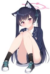 Rule 34 | 1girl, animal ear fluff, animal ears, black footwear, black hair, black socks, blazer, blue archive, blue ribbon, blush, cat ears, closed mouth, collared shirt, commentary request, dae (dog-of-maou), grey skirt, hair ribbon, halo, hands up, highres, jacket, knees together feet apart, knees up, long hair, long sleeves, looking at viewer, plaid, plaid skirt, red eyes, ribbon, school uniform, serika (blue archive), shadow, shirt, shoes, sitting, skirt, socks, solo, twintails, very long hair, white background, white shirt