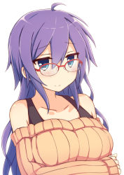 Rule 34 | 1girl, ahoge, anemone (flower knight girl), bad id, bad pixiv id, bespectacled, blue eyes, blush, collarbone, flower knight girl, glasses, highres, long hair, looking at viewer, off-shoulder, off-shoulder sweater, off shoulder, orange shirt, purple hair, red-framed eyewear, ribbed sweater, shinopoko, shirt, smile, solo, sweater, upper body, white background