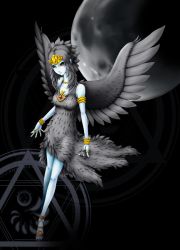 Rule 34 | armband, black hair, bracelet, dress, duel monster, emblem, fabled grimro, feathers, green eyes, high heels, jewelry, looking at viewer, moon, necklace, symbol, tiara, wings, yu-gi-oh!