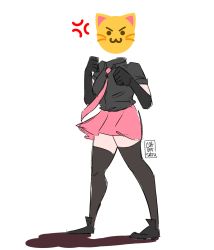 Rule 34 | &gt;:), 1girl, :3, anger vein, arms up, artist name, black footwear, black shirt, black thighhighs, breasts, christina guo, clenched hand, collared shirt, commentary, emoji, english commentary, floating head, full body, highres, looking at viewer, medium breasts, necktie, nyah (christina guo), original, pink necktie, pink skirt, pleated skirt, shadow, shirt, short sleeves, simple background, skirt, solo, standing, thighhighs, white background, wing collar, zettai ryouiki