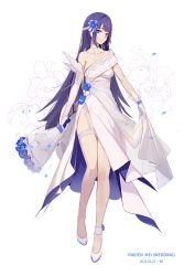 Rule 34 | 1girl, absurdres, ankle strap, blue flower, blue rose, blunt bangs, bouquet, breasts, bu zhengjing de xiao xingxing, character name, closed mouth, collarbone, dated, detached sleeves, dress, floral background, flower, full body, garter straps, gloves, hair flower, hair ornament, highres, holding, holding bouquet, honkai (series), honkai impact 3rd, long hair, looking at viewer, medium breasts, pelvic curtain, petals, purple eyes, purple hair, raiden mei, rose, shoes, single-shoulder dress, single detached sleeve, skirt hold, sleeveless, sleeveless dress, smile, solo, star (symbol), straight hair, thigh strap, very long hair, white background, white dress, white footwear, white gloves