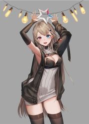 Rule 34 | 1girl, :d, armpits, arms up, bare shoulders, bikini, black bikini, black jacket, blue eyes, blush, breastless clothes, breasts, brown thighhighs, cleavage, commentary, contrapposto, cowboy shot, detached sleeves, dress, fang, grey background, grey dress, hair ornament, highres, holding, jacket, light bulb, long hair, long sleeves, looking at viewer, medium breasts, open clothes, open jacket, open mouth, original, pink eyes, short dress, simple background, smile, solo, star (symbol), star hair ornament, string of light bulbs, striped, swimsuit, symbol-only commentary, thighhighs, unzipped, very long hair, yu-ri (arium047), zettai ryouiki, zipper