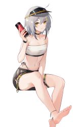 Rule 34 | 1girl, absurdres, bandeau, bare arms, bare legs, bare shoulders, barefoot, black shorts, breasts, can, character request, cleavage, collarbone, commentary request, girls&#039; frontline, girls&#039; frontline neural cloud, hair between eyes, hair ornament, hairclip, hand up, highres, holding, holding can, looking at viewer, midriff, navel, short hair, short shorts, shorts, silver hair, simple background, sitting, solo, stomach, strapless, thigh strap, thighs, tube top, visor cap, white background, x hair ornament, xiaobei, yellow eyes