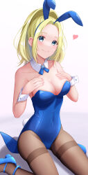 Rule 34 | 1girl, absurdres, animal ears, ankle strap, bare shoulders, blonde hair, blue eyes, blue footwear, blue hairband, blue leotard, blue ribbon, blush, breasts, brown pantyhose, cleavage, closed mouth, collarbone, commentary request, covered navel, d4dj, detached collar, fake animal ears, fake tail, fingernails, gradient background, grey background, groin, hairband, hands on own chest, hands up, heart, high heels, high ponytail, highres, knees out of frame, leotard, looking at viewer, medium breasts, medium hair, neck ribbon, pantyhose, parted bangs, playboy bunny, ponytail, rabbit ears, rabbit tail, ribbon, sasago jennifer yuka, sitting, smile, solo, strapless, strapless leotard, strappy heels, sweatdrop, tail, thighband pantyhose, wariza, white background, wrist cuffs, yuzu ponzu (vgah7445)