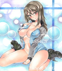 Rule 34 | 10s, 1girl, artist name, at classics, between legs, black footwear, blush, bottomless, breasts, brown eyes, brown hair, closed mouth, collarbone, covered erect nipples, full body, girls und panzer, groin, hair between eyes, hand between legs, hand on own chest, large breasts, long sleeves, looking at viewer, mika (girls und panzer), navel, no bra, open clothes, sample watermark, shoes, sitting, solo, stomach, traditional media, wariza, watermark