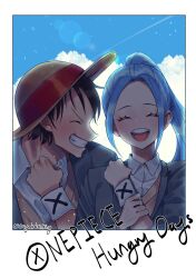 Rule 34 | 1boy, 1girl, alternate costume, artist name, black hair, blue hair, blush, clenched hand, clenched teeth, closed eyes, cloud, cloudy sky, commentary request, english text, hat, high ponytail, highres, korean commentary, long hair, monkey d. luffy, nefertari vivi, one piece, open mouth, outdoors, ponytail, sayakdrinking, school uniform, short hair, sky, smile, straw hat, teeth, uniform