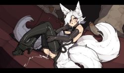 Rule 34 | 1girl, 2boys, absurdres, after vaginal, aftersex, aio fuwamiya (shuuko), animal ears, ass, bare shoulders, black footwear, black gloves, boots, clothed female nude male, commentary, couch, cum, cum in pussy, dress, english commentary, fox ears, fox girl, fox tail, gloves, grey dress, grin, hair ornament, hetero, high heel boots, high heels, highres, knee boots, letterboxed, looking at another, multiple boys, multiple tails, nude, original, penis, purple eyes, pussy, scar, shuuko (s h uuko), sitting, smile, tail, torn clothes, torn legwear