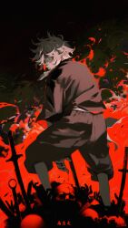 Rule 34 | 1boy, absurdres, burning, disembodied hand, fire, gabimaru, grey hair, highres, jigokuraku, katana, kyuuba melo, looking at viewer, looking back, monochrome, ninja, pile of corpses, planted, planted sword, planted weapon, red theme, short hair, skull, solo, spot color, sword, weapon, yellow eyes