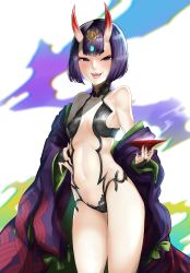 Rule 34 | 1girl, absurdres, anuttsuii, bare shoulders, blush, bob cut, breasts, bridal gauntlets, collarbone, cup, eyeliner, fate/grand order, fate (series), hand on own hip, headpiece, highres, horns, japanese clothes, kimono, long sleeves, looking at viewer, makeup, navel, off shoulder, oni, open clothes, open kimono, open mouth, purple eyes, purple hair, purple kimono, revealing clothes, sakazuki, short hair, shuten douji (fate), skin-covered horns, small breasts, smile, teeth, thighs, wide sleeves