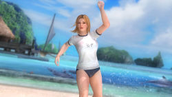 Rule 34 | 1girl, 3d, beach, blonde hair, blue eyes, breasts, buruma, dead or alive, dead or alive 5, female focus, gym uniform, large breasts, nature, ocean, official art, outdoors, plant, short hair, sky, solo, tina armstrong, uniform