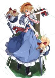 Rule 34 | 1girl, ahoge, alice margatroid, apron, arm up, arms up, black footwear, blonde hair, blue dress, blush, book, boots, bow, bowtie, capelet, closed mouth, commentary request, doll, dress, eyelashes, flying, frills, grass, grey shirt, hair between eyes, hairband, hand up, hands up, highres, long hair, long sleeves, looking at viewer, looking to the side, necktie, no mouth, one eye closed, puffy long sleeves, puffy short sleeves, puffy sleeves, red bow, red bowtie, red hairband, red necktie, shanghai doll, shirt, short hair, short sleeves, smile, solo, standing, touhou, tree, tsune (tune), v-shaped eyebrows, weapon, white apron, white background, white capelet, white shirt