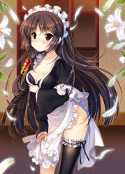 Rule 34 | 1girl, apron, ass, black hair, black thighhighs, blush, bra, breasts, brown eyes, character request, cleavage, collarbone, flower, frilled thighhighs, frills, japanese clothes, kimono, long hair, looking at viewer, maid headdress, medium breasts, open clothes, petals, ratise, single thighhigh, solo, strap slip, sword girls, thighhighs, underwear