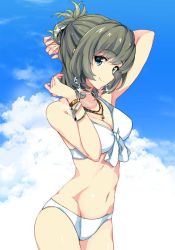 Rule 34 | 10s, 1girl, arm up, armpits, bikini, blue eyes, bracelet, breasts, brown hair, cleavage, cloud, day, earrings, front-tie top, gradient background, green eyes, heterochromia, idolmaster, idolmaster cinderella girls, jewelry, looking at viewer, looking away, medium breasts, mirai denki, mole, navel, necklace, shiny skin, short hair, sky, smile, solo, swimsuit, takagaki kaede