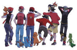 Rule 34 | 00s, 1990s (style), 6+boys, ^ ^, alternate costume, back, baseball cap, beanie, black hair, brendan (pokemon), brown hair, capri pants, charmander, chimchar, closed eyes, creatures (company), cyndaquil, ethan (pokemon), ethan (pokemon) (classic), flame-tipped tail, full body, game freak, gen 1 pokemon, gen 2 pokemon, gen 3 pokemon, gen 4 pokemon, gloves, hat, hiyokko ep, interlocked fingers, lucas (pokemon), male focus, multiple boys, nintendo, on head, own hands together, pants, poke ball symbol, pokemon, pokemon (creature), pokemon dppt, pokemon frlg, pokemon gsc, pokemon hgss, pokemon on head, pokemon rgby, pokemon rse, red (pokemon), red (pokemon frlg), red hat, retro artstyle, scarf, simple background, smile, squirtle, totodile, treecko, white background
