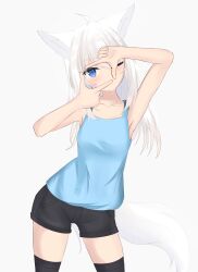Rule 34 | 1girl, absurdres, ahoge, animal ear fluff, animal ears, armpits, bandaid, bandaid on cheek, bandaid on face, bare arms, bare shoulders, black shorts, black thighhighs, blue camisole, blue eyes, blush, breasts, camisole, collarbone, commentary request, covered mouth, finger frame, fox ears, fox girl, fox tail, grey background, hair between eyes, head tilt, highres, kuronagi (mitora uwu), long hair, looking at viewer, one eye closed, original, short shorts, shorts, simple background, small breasts, solo, tail, thighhighs, white hair