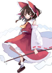 Rule 34 | 1girl, ascot, bow, brown eyes, brown hair, deetamu, detached sleeves, dress, floating, frilled bow, frills, gohei, hair bow, hair tubes, hakurei reimu, highres, long skirt, mary janes, red bow, red shirt, red vest, sarashi, shirt, shoes, short hair, sidelocks, simple background, skirt, solo, touhou, vest, white background