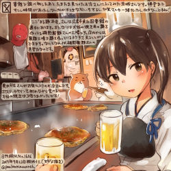 Rule 34 | 10s, 1girl, :d, alcohol, beer, beer mug, brown eyes, brown hair, colored pencil (medium), commentary request, cup, dated, food, hair between eyes, holding, japanese clothes, kaga (kancolle), kantai collection, kirisawa juuzou, mug, muneate, numbered, okonomiyaki, open mouth, short hair, side ponytail, smile, tasuki, traditional media, translation request, twitter username