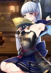 Rule 34 | 1girl, armor, armored dress, armpits, ayaka (genshin impact), blue eyes, blue hair, blunt bangs, blush, breastplate, breasts, choker, clothes lift, collarbone, covering own mouth, fingernails, folding fan, gauntlets, genshin impact, hair ornament, hair ribbon, hakama, hakama short skirt, hakama skirt, hand fan, highres, holding, holding fan, indoors, japanese armor, japanese clothes, kusazuri, light blue hair, long hair, looking at viewer, mole, mole under eye, ponytail, red ribbon, ribbon, seiza, shirt lift, signature, sitting, skirt, solo, tassel, temple, very long hair, xter