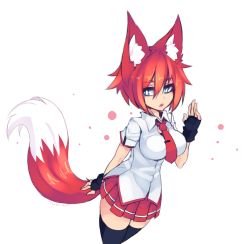 Rule 34 | 1girl, animal ear fluff, animal ears, black thighhighs, blue eyes, breasts, cowboy shot, fingerless gloves, fox ears, fox tail, gloves, highres, impossible clothes, impossible shirt, large breasts, looking at viewer, necktie, open mouth, original, pleated skirt, red hair, red necktie, red skirt, salute, shirt, short hair, simple background, skirt, solo, sub-res, tail, thighhighs, white background, white shirt, zettai ryouiki