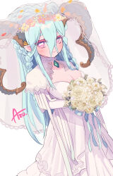 Rule 34 | 1girl, azu (kirara310), blush, bouquet, braid, breasts, bridal veil, bride, cleavage, commission, curled horns, dress, fate/grand order, fate (series), flower, gloves, hair between eyes, hair ornament, highres, holding, holding bouquet, horns, jewelry, large breasts, larva tiamat (fate), long hair, long horns, looking at viewer, pink eyes, pointy ears, rose, skeb commission, smile, solo, symbol-shaped pupils, tiamat (fate), veil, wedding dress, white dress, white flower, white gloves, white rose