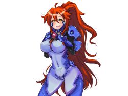 Rule 34 | 1girl, ahoge, blush, bodysuit, breasts, colorized, crotch plate, fortified suit, gun-dere, heart, large breasts, long hair, muv-luv, navel, parody, pilot suit, ponytail, red hair, revision, skin tight, smile, solo, tengen toppa gurren lagann, very long hair, yellow eyes, yoko littner