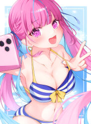 Rule 34 | 1girl, bikini, blue bikini, blue hair, blue ribbon, blunt bangs, braid, breasts, cellphone, cleavage, collarbone, day, french braid, front-tie bikini top, front-tie top, hair ribbon, highres, hololive, kuronamialice, large breasts, long hair, looking at viewer, minato aqua, minato aqua (hololive summer 2019), multicolored hair, navel, open mouth, outdoors, phone, purple eyes, purple hair, ribbon, smartphone, smile, solo, streaked hair, striped bikini, striped clothes, swimsuit, twintails, upper body, very long hair, virtual youtuber, w