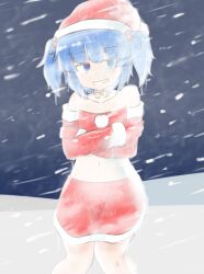 Rule 34 | 1girl, blue eyes, blue hair, collarbone, commentary request, crossed arms, frozen, hair bobbles, hair ornament, hat, kawashiro nitori, mizusoba, outdoors, red hat, red skirt, santa costume, santa hat, skirt, snowing, solo, touhou, two side up