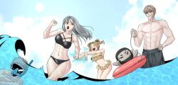 2girls 3boys arms_up beach bikini black_bikini black_shorts blonde_hair blue_sky blush brown_hair closed_eyes closed_mouth engen_(hero_killer) floating hands_up happy hero_killer highres ihwa_(hero_killer) john_nash long_hair looking_back mask medium_hair multiple_boys multiple_girls no_shirt official_art open_mouth rachel_sinclair red_eyes running scar scar_on_face searchlight serious shorts sky smile surprised swimsuit tongue vector_(hero_killer) very_long_hair water yellow_bikini