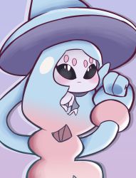 Rule 34 | absurdres, blue hair, blush, bright pupils, creatures (company), dress, game freak, gen 8 pokemon, hat, hatterene, highres, leaning forward, long hair, nintendo, no humans, pink hair, pokemon, purple background, sir amity, smile, solo, white pupils, wide sleeves, witch hat
