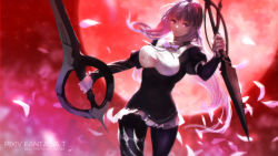 Rule 34 | 1girl, bad id, bad pixiv id, breasts, copyright name, dual wielding, highres, holding, large breasts, long hair, moon, pantyhose, pink hair, pixiv fantasia, pixiv fantasia t, red eyes, red moon, solo, swd3e2, weapon
