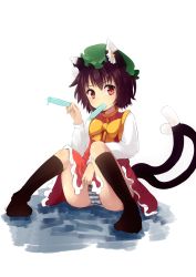 Rule 34 | 1girl, animal ears, bad id, bad pixiv id, blue panties, bow, brown hair, brown socks, cameltoe, cat ears, cat tail, chen, clothes lift, dress, dress lift, food, hat, highres, kneehighs, long sleeves, looking at viewer, mouth hold, no shoes, omotin, panties, popsicle, red dress, red eyes, red skirt, sitting, skirt, socks, solo, striped clothes, striped panties, tail, touhou, tupet, underwear