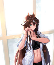 Rule 34 | 1girl, absurdres, animal ears, arknights, black shirt, brown hair, chinese commentary, commentary request, crop top, green eyes, hair between eyes, hands up, highres, long hair, looking at viewer, meteor (arknights), midriff, navel, open clothes, open shirt, shijie jianfa, shirt, short sleeves, solo, stomach, upper body, very long hair, white shirt