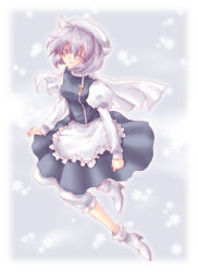 Rule 34 | 00s, 1girl, 2006, ankle boots, apron, bloomers, boots, brooch, dress, female focus, full body, hat, high heel boots, high heels, jewelry, juliet sleeves, kokono coco, lapel pin, letty whiterock, light purple hair, long sleeves, puffy long sleeves, puffy sleeves, purple eyes, purple hair, scarf, shoes, short hair, simple background, smile, snowflakes, snowing, solo, touhou, underwear, waist apron, white bloomers, white footwear, white hat