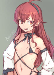 Rule 34 | 1girl, ahoge, bikini, black choker, black hairband, bosshi, breasts, choker, commentary request, detached sleeves, eris greyrat, hairband, highres, long hair, micro bikini, mushoku tensei, o-ring, red eyes, red hair, revealing clothes, sidelocks, signature, small breasts, solo, swimsuit, thick eyebrows, upper body, white sleeves