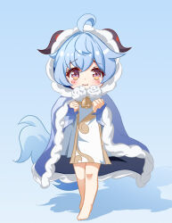 Rule 34 | 1girl, 3:, aged down, ahoge, bare legs, barefoot, blue cloak, blue hair, bu weizhuang, cloak, commentary request, dress, full body, fur trim, ganyu (young) (genshin impact), ganyu (genshin impact), ganyu (young) (genshin impact), genshin impact, highres, hood, hooded cloak, horns, looking at viewer, orange eyes, short hair, solo, standing, tail, white dress