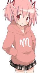 Rule 34 | 1girl, black skirt, closed mouth, clothes writing, collarbone, cowboy shot, dot nose, eyes visible through hair, facing viewer, flat chest, hair between eyes, hair ribbon, hands in pocket, happy, highres, hood, hood down, hoodie, kaname madoka, light blush, light smile, looking to the side, mahou shoujo madoka magica, mahou shoujo madoka magica (anime), pink eyes, pink hair, pink hoodie, plaid, plaid skirt, pleated skirt, red ribbon, ribbon, short twintails, simple background, skirt, solo, standing, thighhighs, thighs, tsubaki (tatajd), twintails, white background, zettai ryouiki