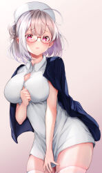 Rule 34 | 1girl, absurdres, ahoge, blush, breasts, bursting breasts, button gap, cleavage, clenched hand, closed mouth, collared dress, commentary request, commission, cowboy shot, dress, glasses, gradient background, grey hair, hand on own chest, hat, highres, jacket, jacket on shoulders, large breasts, looking at viewer, nurse, nurse cap, original, pink background, pink eyes, red-framed eyewear, semi-rimless eyewear, short hair, simple background, skeb commission, thighhighs, under-rim eyewear, white dress, white thighhighs, yu lei, zettai ryouiki
