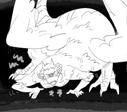 Rule 34 | 1boy, all fours, black background, blank eyes, centauroid, claws, commentary, cosplay, dragon horns, dragon tail, drooling, dungeon meshi, english commentary, falin touden, falin touden (chimera), falin touden (chimera) (cosplay), fangs, feathered wings, feathers, full body, greyscale, highres, horns, laios touden, male focus, monochrome, monster boy, monsterification, mouth drool, multiple horns, open mouth, simple background, tail, taur, wings, ylisseantactics