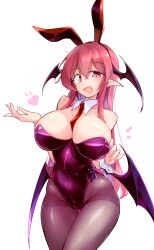 Rule 34 | 1girl, animal ears, bat wings, between breasts, breasts, bunny day, cleavage, commentary request, detached collar, fang, fumitsuki (minaduki 6), head wings, heart, highleg, highres, koakuma, large breasts, leotard, long hair, looking at viewer, multiple wings, necktie, necktie between breasts, open mouth, pantyhose, playboy bunny, purple leotard, rabbit ears, red eyes, red hair, red necktie, simple background, solo, touhou, white background, wings, wrist cuffs