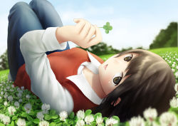 Rule 34 | 1girl, :d, blue pants, blurry, brown eyes, brown hair, clover, clover (flower), collared shirt, day, depth of field, flower, four-leaf clover, from above, holding, holding clover, long sleeves, looking at viewer, lying, on back, on ground, open mouth, original, outdoors, pants, papi (papiron100), shirt, sky, smile, solo, sweater vest, white flower, white shirt