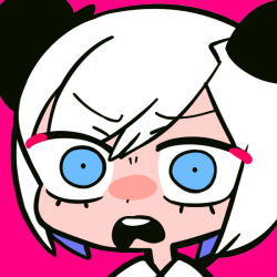 Rule 34 | 1girl, blue eyes, bun cover, commentary request, double bun, eyelashes, frown, furrowed brow, hair bun, looking at viewer, open mouth, original, pink background, shirt, short hair, simple background, solo, surprised, teeth, terada tera, upper body, upper teeth only, white hair, white shirt